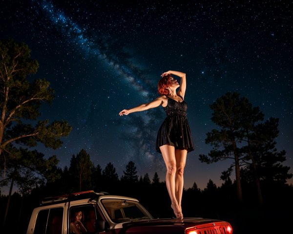 Woman in Black Dress on Jeep Under Starry Sky