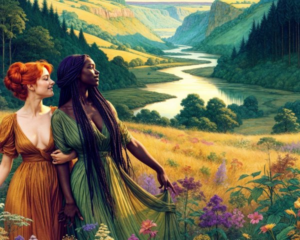 Women in Colorful Dresses in a Scenic Landscape