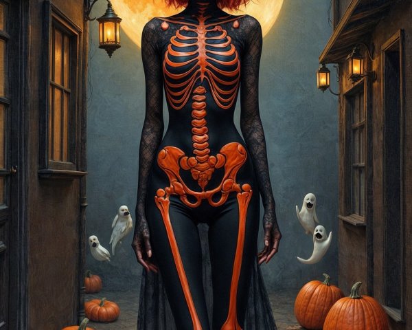 Halloween Scene with Skeleton Bodysuit and Pumpkins