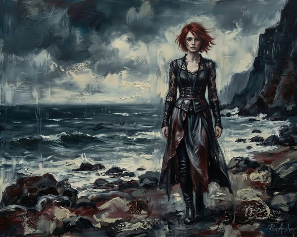 Gothic Woman on Rocky Shore in Stormy Landscape