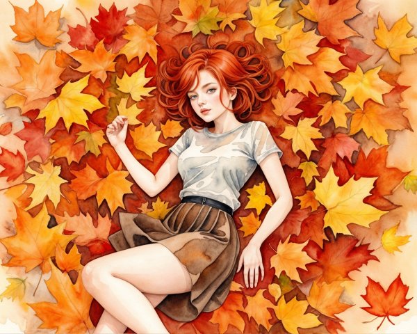 Young Woman Relaxing Among Autumn Leaves