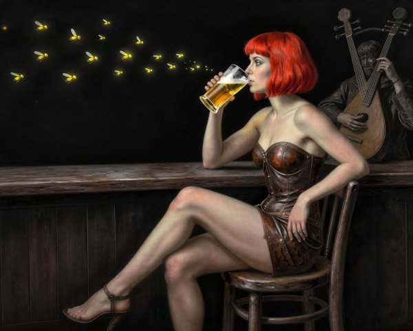 Woman in Brown Corset Dress with Fireflies at Bar