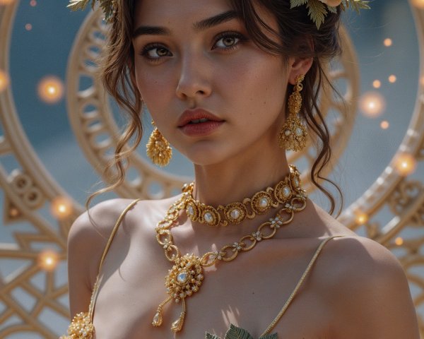 Young woman in gold gown with floral accents