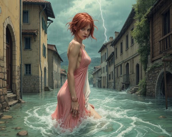 Woman with Red Hair in Flooded Abandoned Town