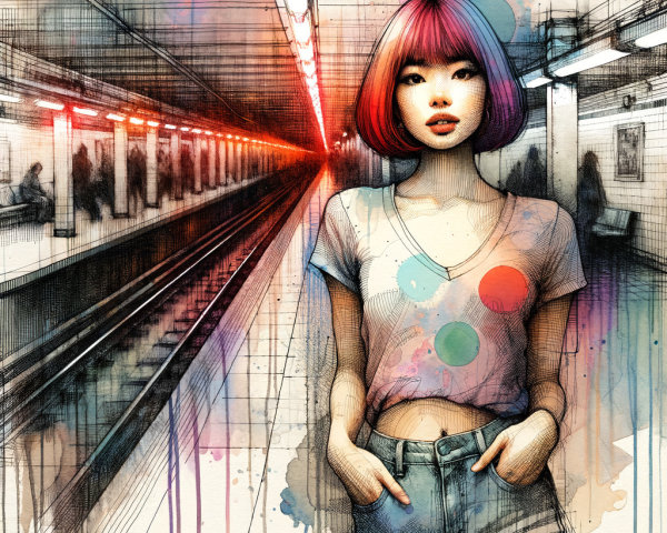 Young woman with pink bob in subway station setting