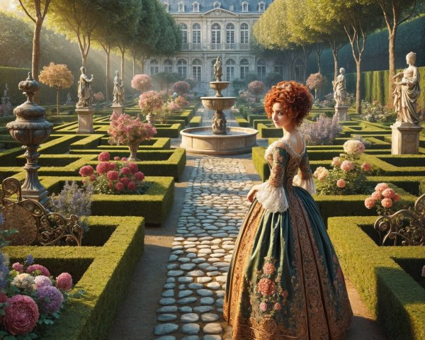 Regal Woman in Green Gown in Elaborate Garden