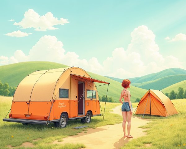 Serene landscape with hills, sky, and camping scene