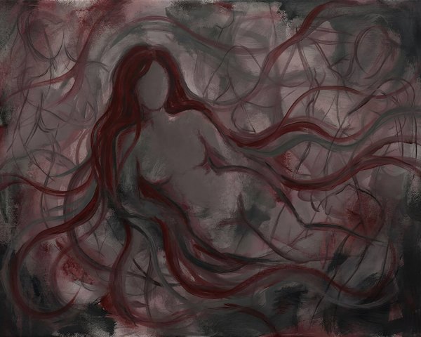 Digital painting of a reclining faceless woman in red