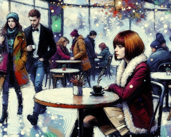 Cozy café scene with a young woman in winter attire