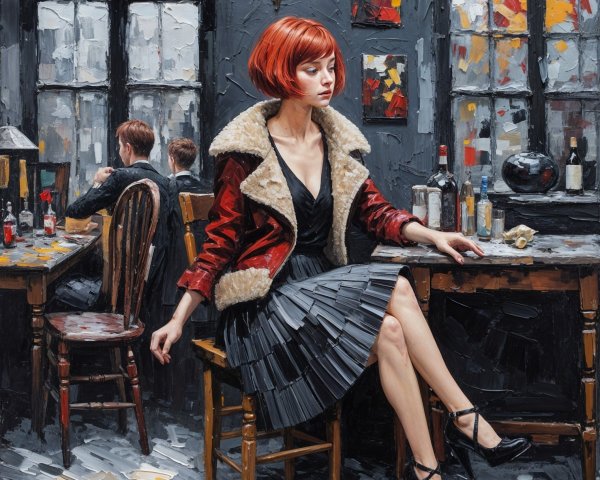Elegant Woman with Red Hair in Cozy Bar Scene