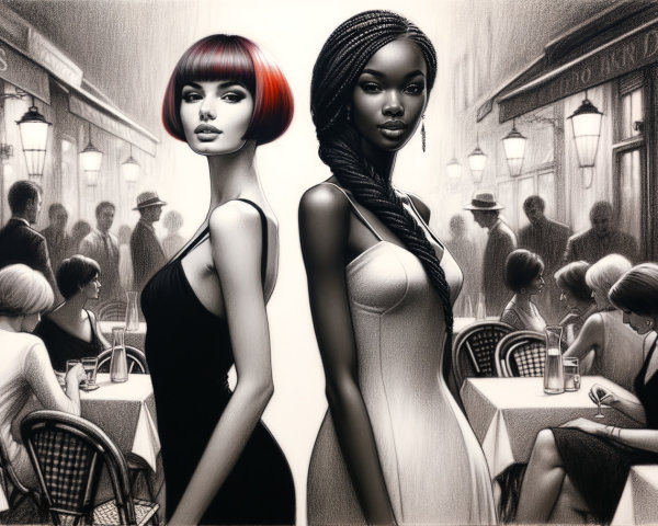 Stylish Female Figures in a Café Setting