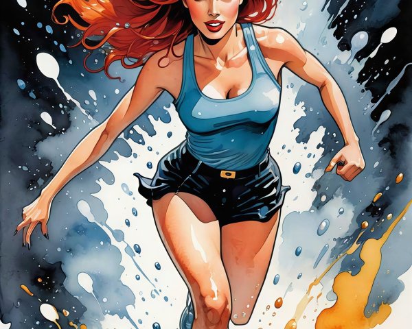 Vibrant Digital Watercolor of a Red-Haired Woman