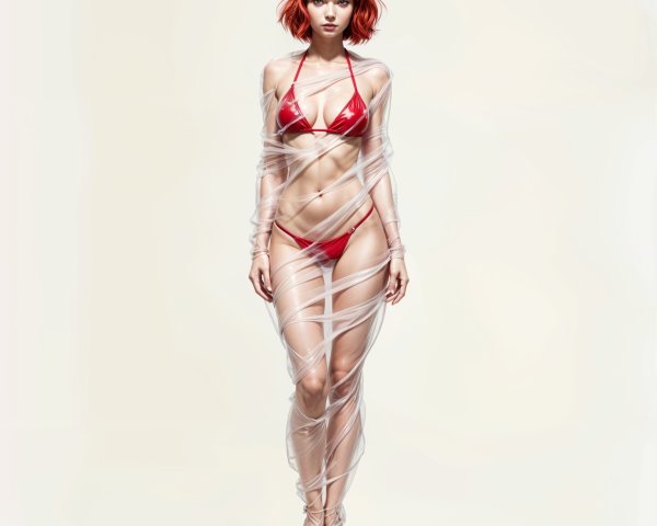 Striking Model with Red Bob Haircut and Bikini
