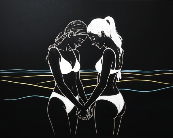Minimalist Artwork of Two Women on a Beach