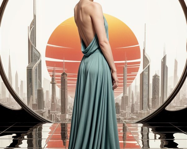 Woman in Teal Dress Against Futuristic Cityscape