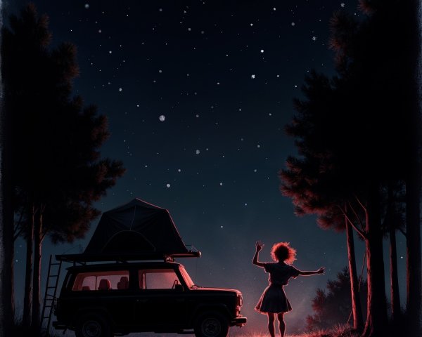 Silhouette by Old Car Under Starry Night Sky