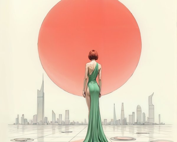 Elegant figure in green gown against red sun and skyline