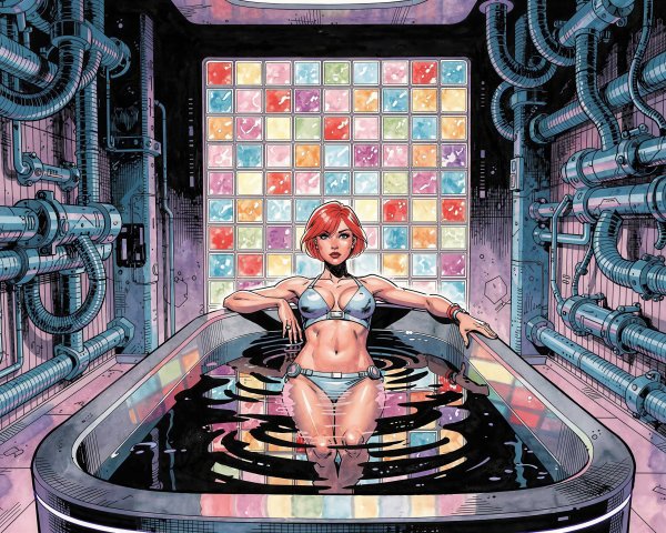 Futuristic Bathtub Scene with Woman and Glowing Panels