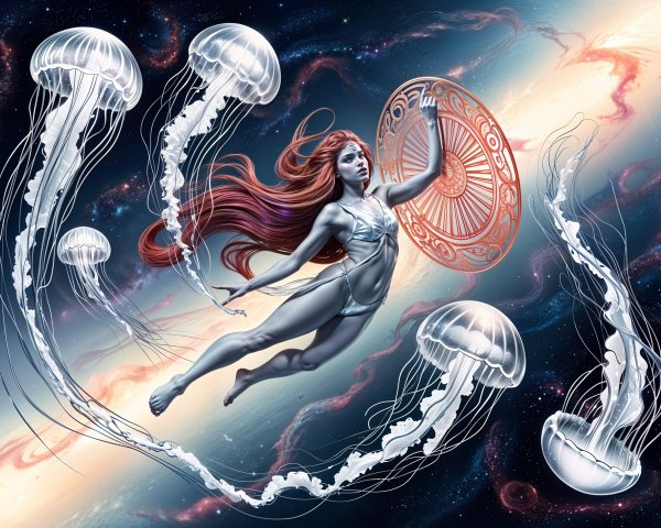 Cosmic Swim with Red Hair and Ethereal Jellyfish
