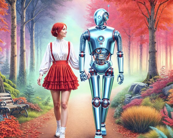 Autumn Forest Scene with Woman and Futuristic Robot