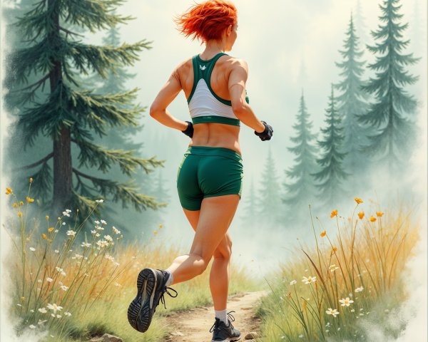 Woman Jogging in Lush Forest with Red Hair