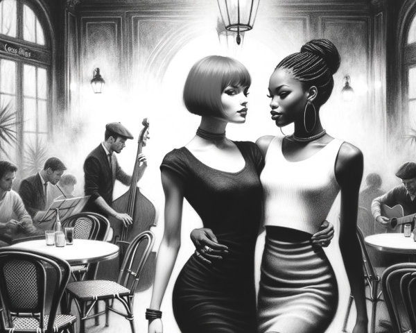 Elegant Women Embrace in Stylish Café Setting