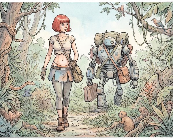 Comic Book Illustration of Woman and Robot in Jungle
