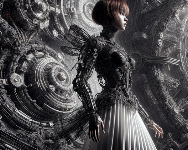 Futuristic Robotic Figure Amid Mechanical Structures