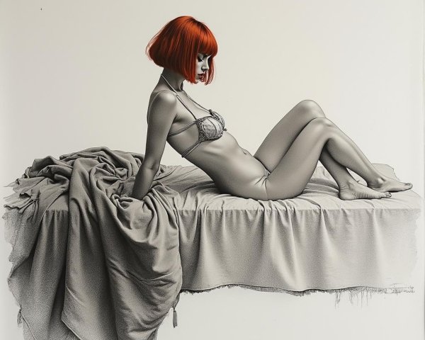 Stylized Figure of a Woman with Vibrant Red Hair