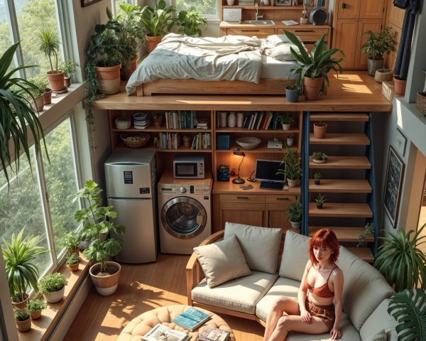 Cozy Sunlit Room with Lofted Bed and Greenery