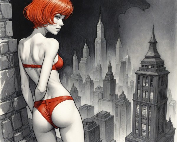 Lone Woman in Red Bikini Overlooking Cityscape