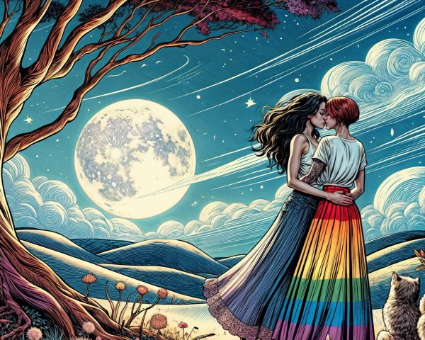 Dreamy Landscape with Embrace Under Full Moon