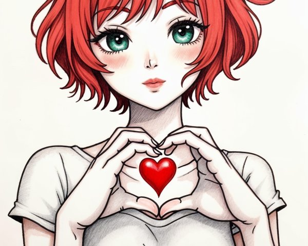 Young woman with red hair and green eyes forming heart