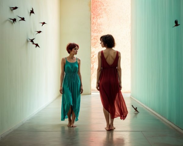 Women in contrasting dresses in a serene corridor