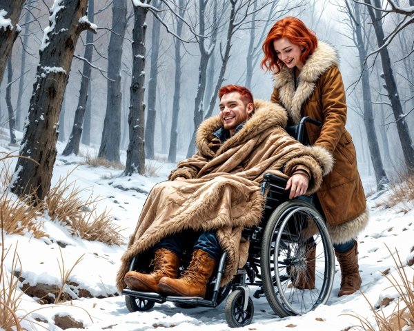 Winter Forest Scene with Smiling Man in Wheelchair