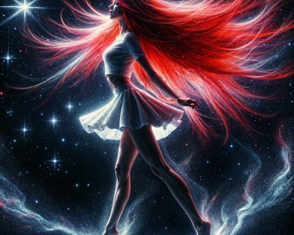 Woman with Red Hair in Cosmic Dreamlike Scene