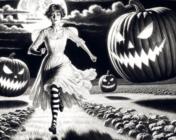 Young Woman in Vintage Dress in Pumpkin Field at Night