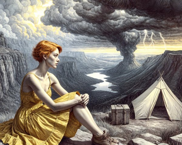Young Woman in Yellow Dress on Rocky Outcrop Landscape