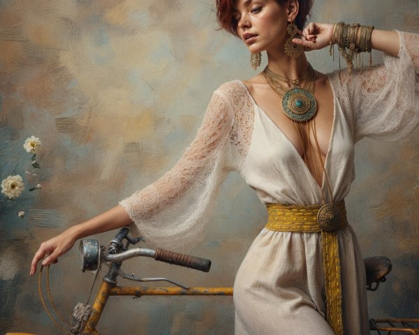 Elegant woman in cream dress beside vintage bicycle