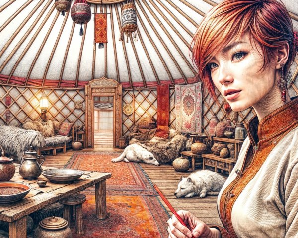 Cozy Yurt Interior with Traditional Decor and Animals