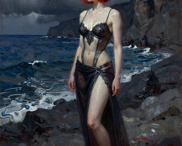 Young Woman in Dark Outfit on Rocky Beach Scene