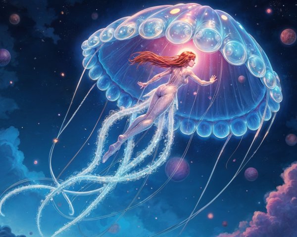 Translucent Jellyfish in Cosmic Surreal Scene