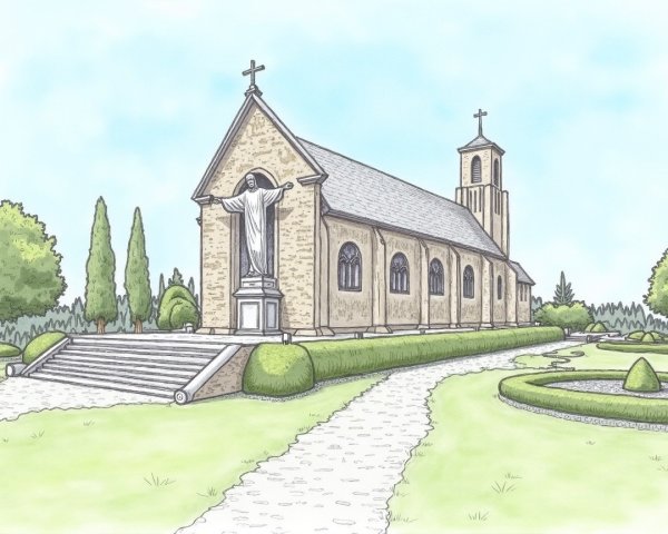 Serene Church with Bell Tower and Stained Glass Windows