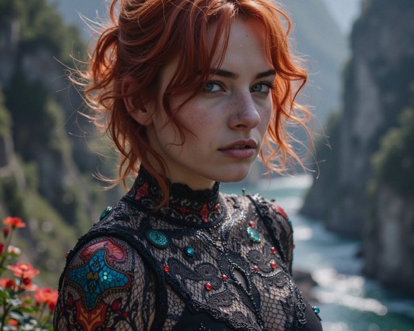 Woman with red hair by a serene river and mountains