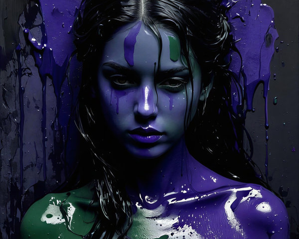 Dark-haired woman covered in purple and green paint