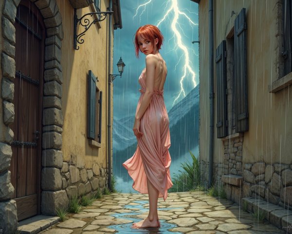 Young Woman in Pink Dress in Rainy Alleyway
