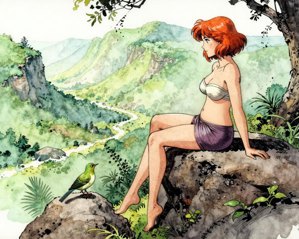 Anime girl with reddish-orange hair in a landscape