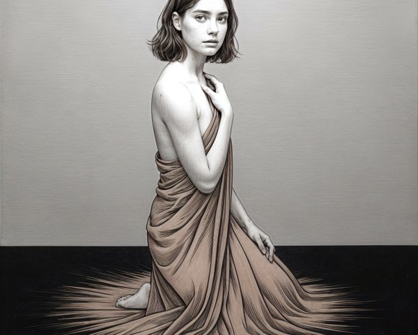 Young woman in contemplative pose with flowing fabric