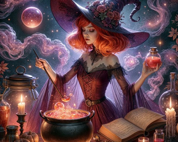 Witch in Purple Gown Stirring Cauldron in Mystical Setting
