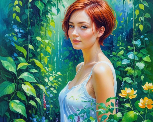 Young Woman in Lush Garden with Colorful Flowers